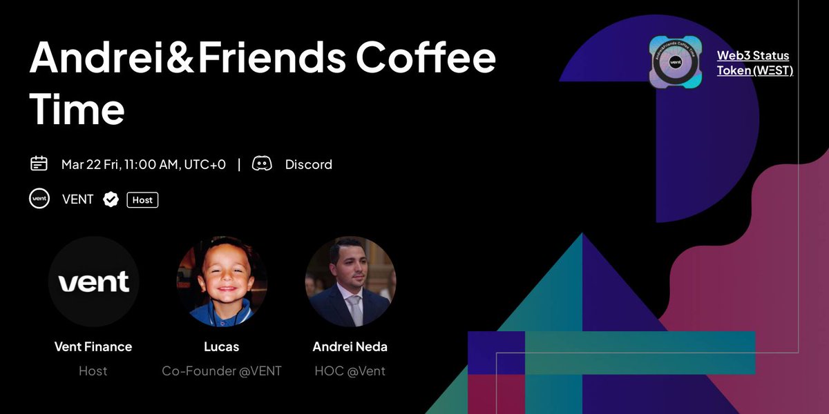 Frens👋

This Friday A&amp;F Event, we've got <a href="/LucasMatleb/">Luca(s)</a>, Co-Founder &amp; <a href="/Andrei_Web3/">Andrei Web3</a>, HOC at Vent Finance.🔥

LIVE on #Discord via <a href="/link3to/">Link3</a> &amp; <a href="/Galxe/">Galxe</a>

🗓Friday 22nd March 
🕚11:00 AM UTC

Join&amp;claim your #NFTs:
👉galxe.com/vent/campaign/…
👉link3.to/e/a9MSBO