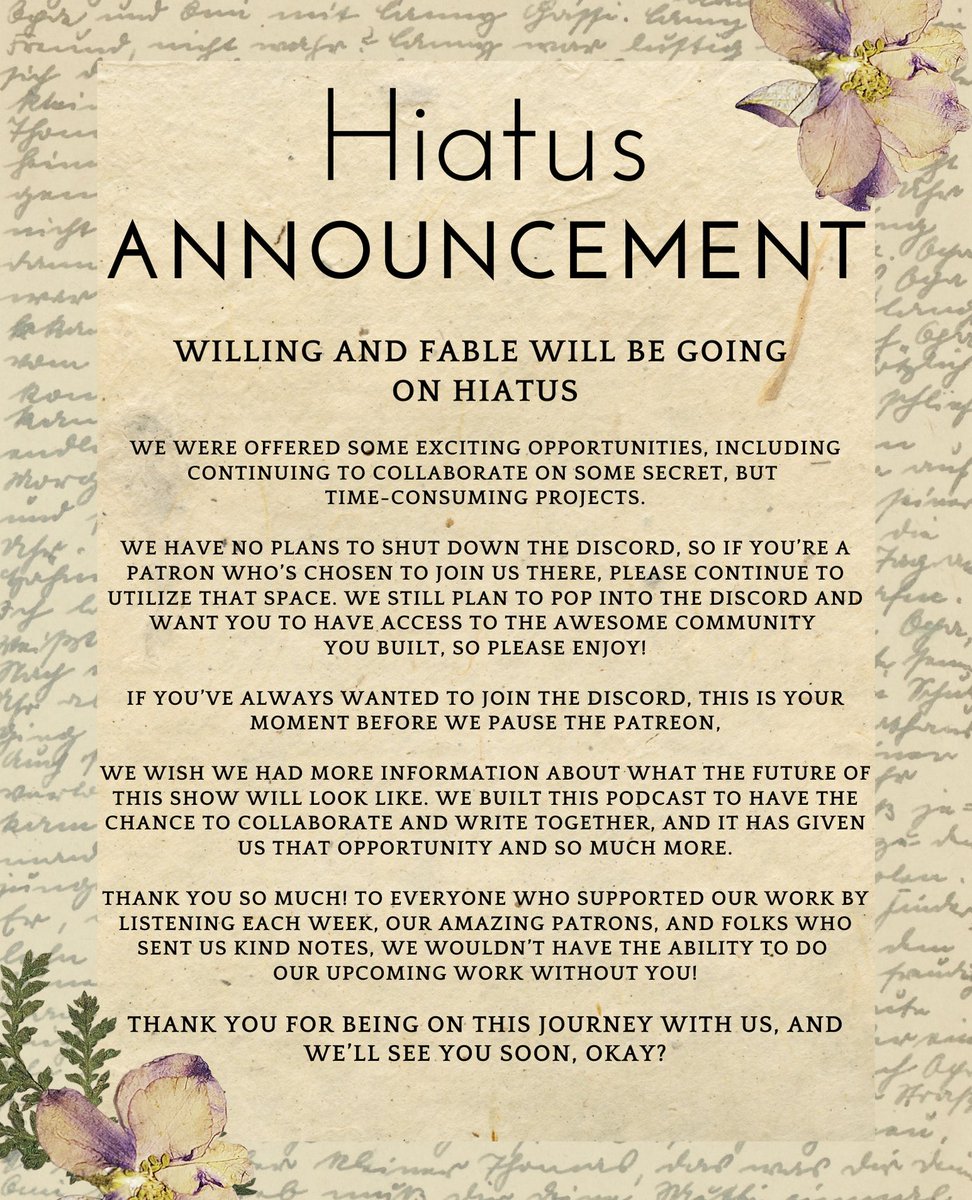 Hey friends! Episode 125 will be our last before the Willing &amp; Fable podcast goes on hiatus. We have lots of work in store, and we wouldn't be where we are without you. 

Thank you for all your support on this wild, mythological journey. 
We'll see you soon, okay?