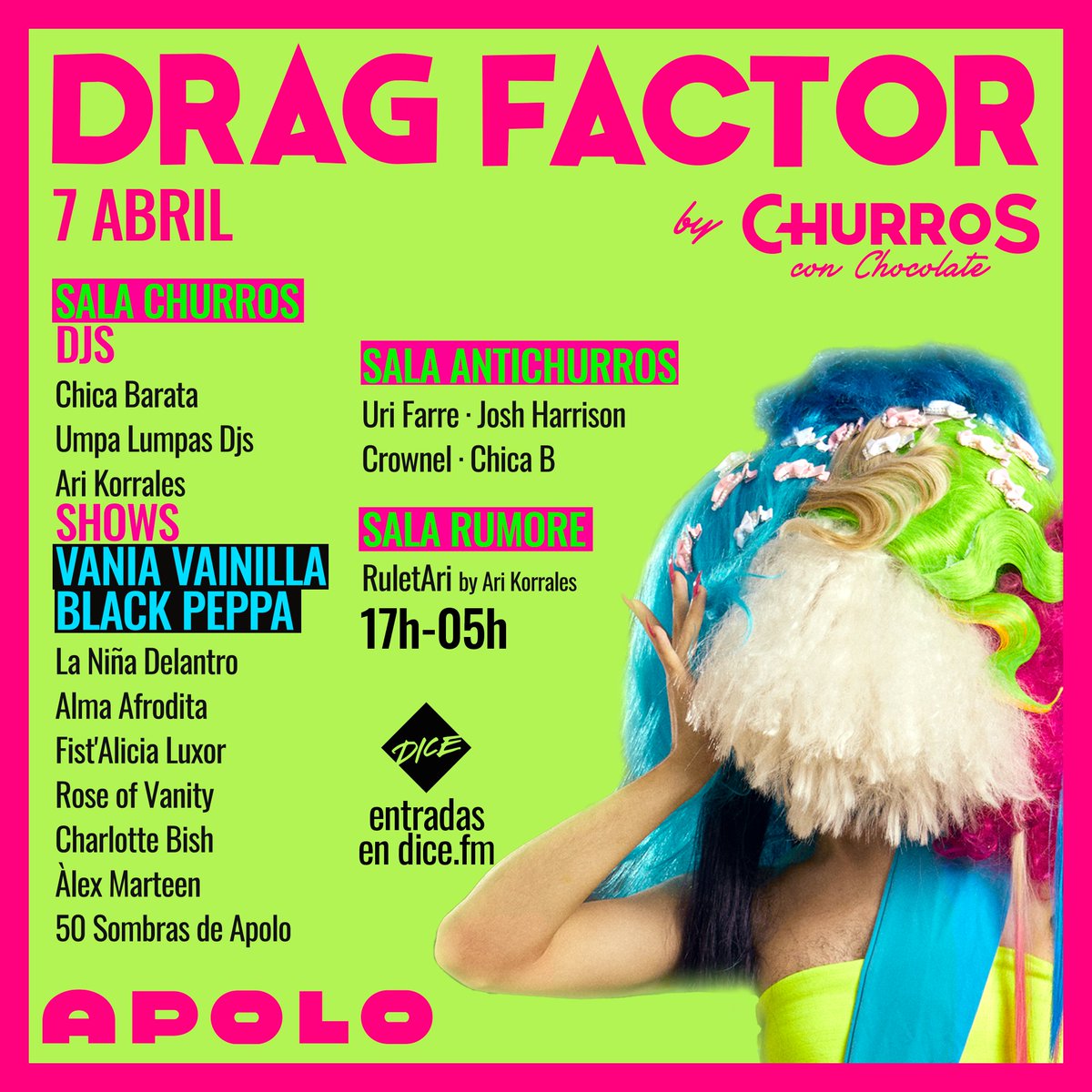 👄 7 abril DRAG FACTOR en @sala_apolo 💄 La fiesta/concurso con más contouring y pelucas regresa con las estelares @iamblackpeppa (Drag Race UK) y @VaniaVainilla1 ✨ Y la mejor electrónica en la Antichurros 💫 De 16h a 05h 🕓 🎟 Entradas: link.dice.fm/v6c29160942a