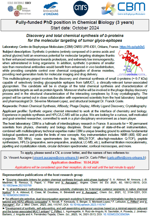 We have a 3-year, fully-funded PhD position available from October 2024. If you’re a motivated chemist interested to work at the interface of chemistry and biology do not hesitate to apply! The deadline is April the 10th, so don’t wait the last minute! #academicjobs #PhDposition