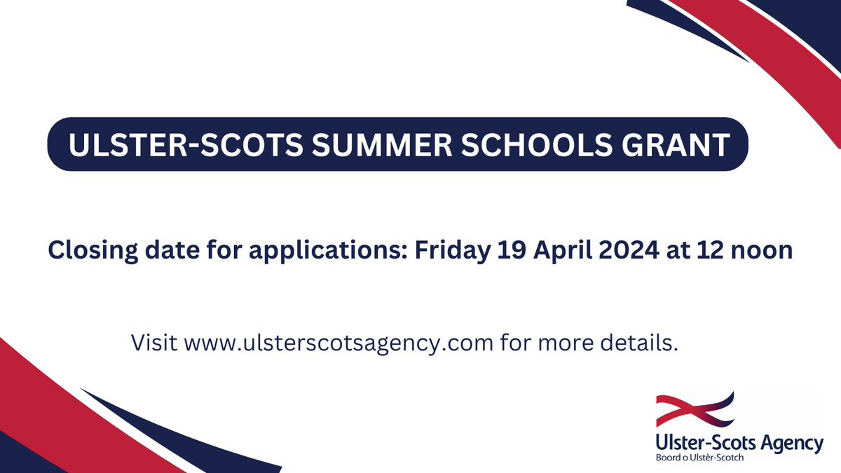 📢 Ulster-Scots Agency Opens Summer Schools Grant 2024 📢 The programme supports Ulster-Scots summer schools delivered between 1 July - 31 August, for children aged 7-16 years. Deadline for applications is 12 noon, Fri 19 April. For details: ow.ly/EJFb50QU5BQ #ulsterscots