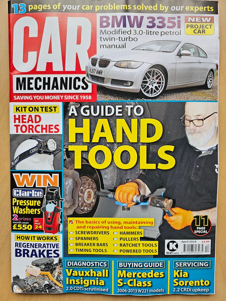 April CM in the shops now includes:
The new project BMW 335i
A Kia Sorento 2.2 CRDi in the service bay
Project test on head torches
An explanation of regenerative braking
Driving the new Honda Civic Type-R
A guide to and tools
Buying and Owning an S-Class
Plus all the regulars