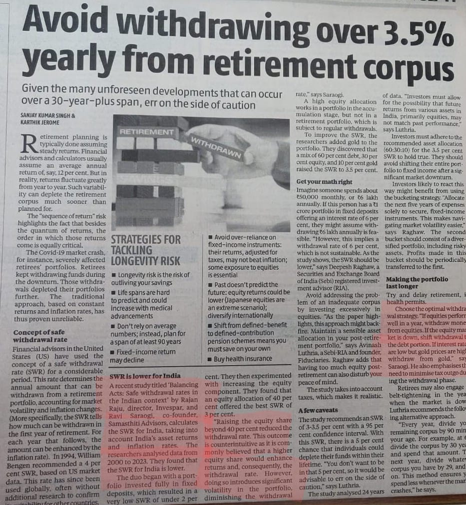 Delighted to share the coverage in BusinessStandard of my co-authored study on retirement planning. We @team_samasthiti  have been using these findings in designing robust retirement plans. If you would like us to build one for you, leave us a note, samasthiti.in/get-started/