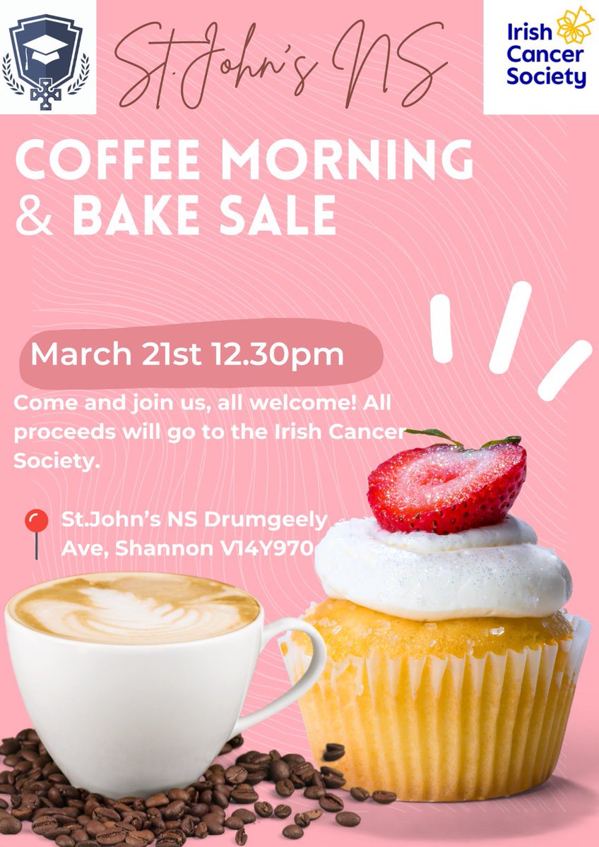 🏵️Irish Cancer Society is a cause that is very close to our heart's here at St.John's. To help them with the incredible work they are doing, we are having a coffee morning and bake sale. 🏵️

100% of funds raised go to the Irish Cancer Society.

March 21st 12.30pm - ALL welcome.