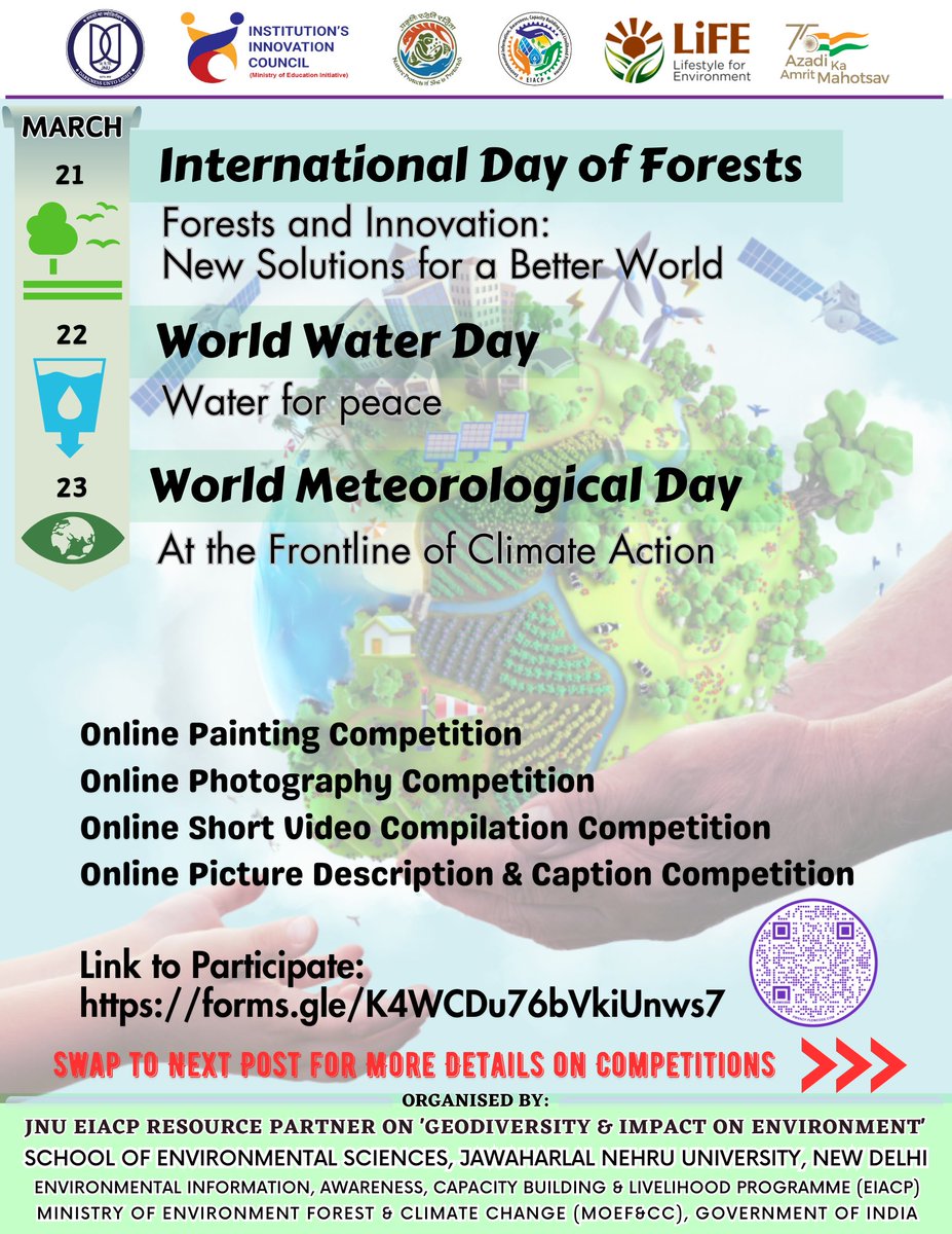 JNU_EIACP's tweet photo. Online Competitions on '#Forests, #Water &amp; #ClimateAction' to celebrate:
🌳International Day of Forests (March 21, 2024),
🌊World Water Day (March 22, 2024) and
🌍World Meteorological Day (March 23, 2024).
Link to Join:
https://t.co/fAVtDvCM8L

#ForestMatters #SaveWater https://t.co/tsB6aqmVlD