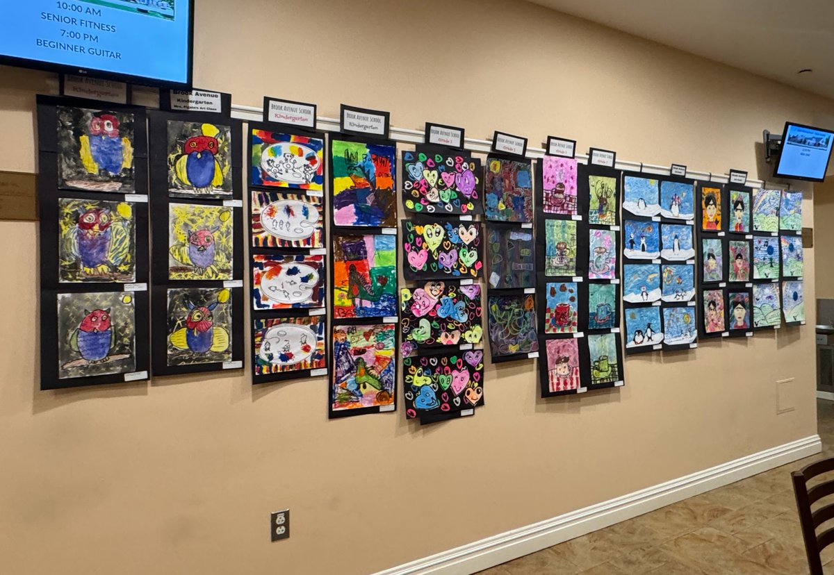 Congratulations to @BayShoreSchools Art Teacher Mrs. Pigate and our @BrookAveSchool students who have their impressive artwork on display at our @bsbwlibrary1.