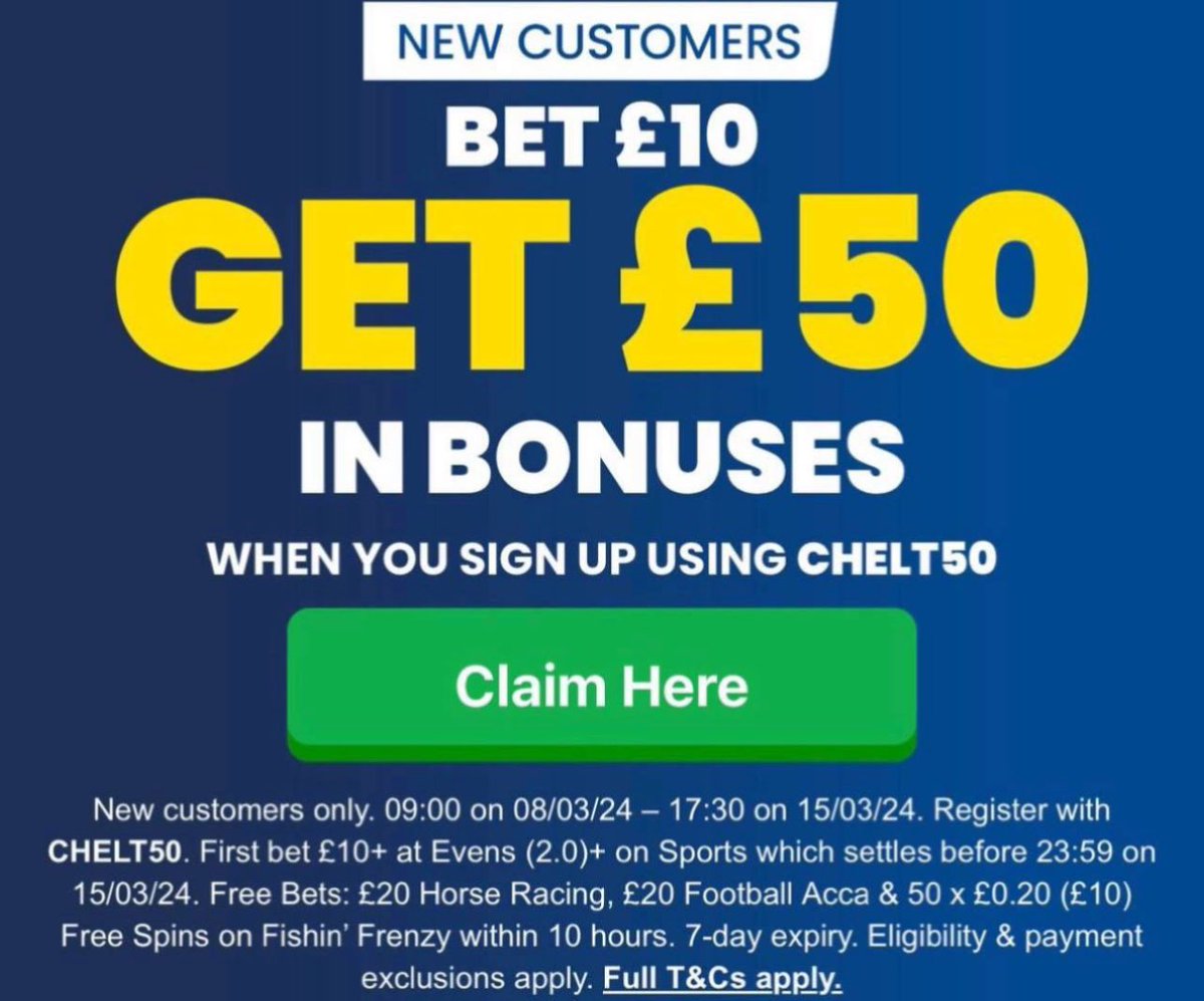 Huge offer for Cheltenham today!! Claim a £50 freebet for todays Cheltenham 🔥🔥 Sign up here bit.ly/3S8BZqq 18+ T&C apply BeGambleAware AD