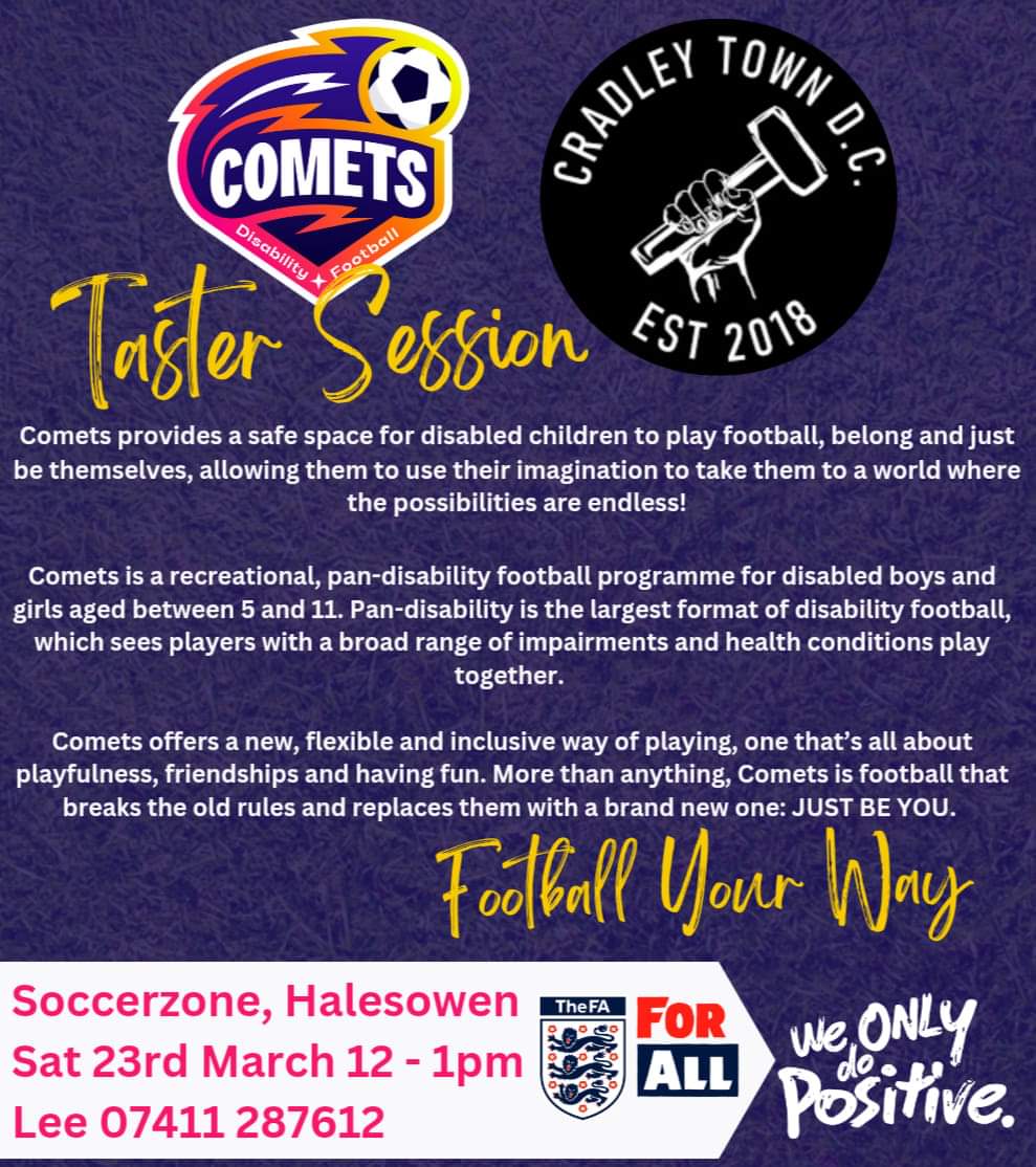 "Comets" Pan- Disability taster session on 23rd March designed to allow disabled children a safe &amp; inclusive environment to enjoy football, learn new skills &amp; make new friends! DM for more info. #Footballyourway