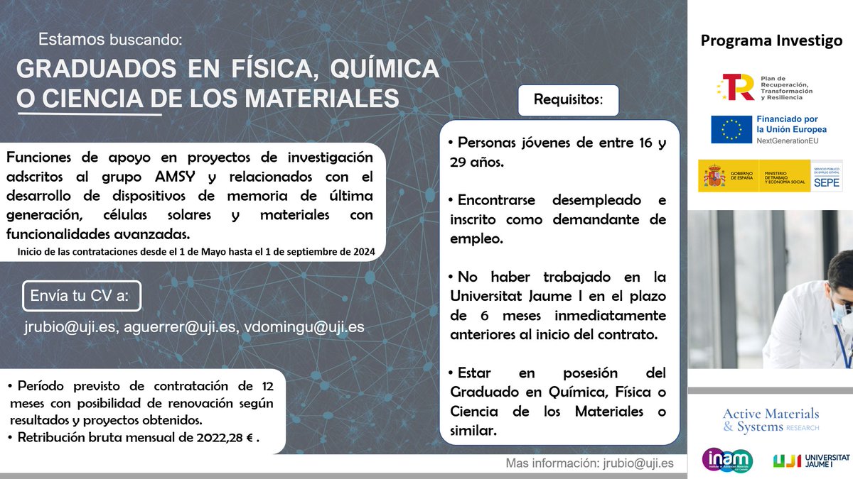 ¿Eres graduado en Física, Química o Ciencia de los Materiales? ¡Explora  nuevas oportunidades a través del programa #Investigo!🚀 Amplía tus  horizontes en investigación y desarrollo. #Investigación #DesarrolloCientífico