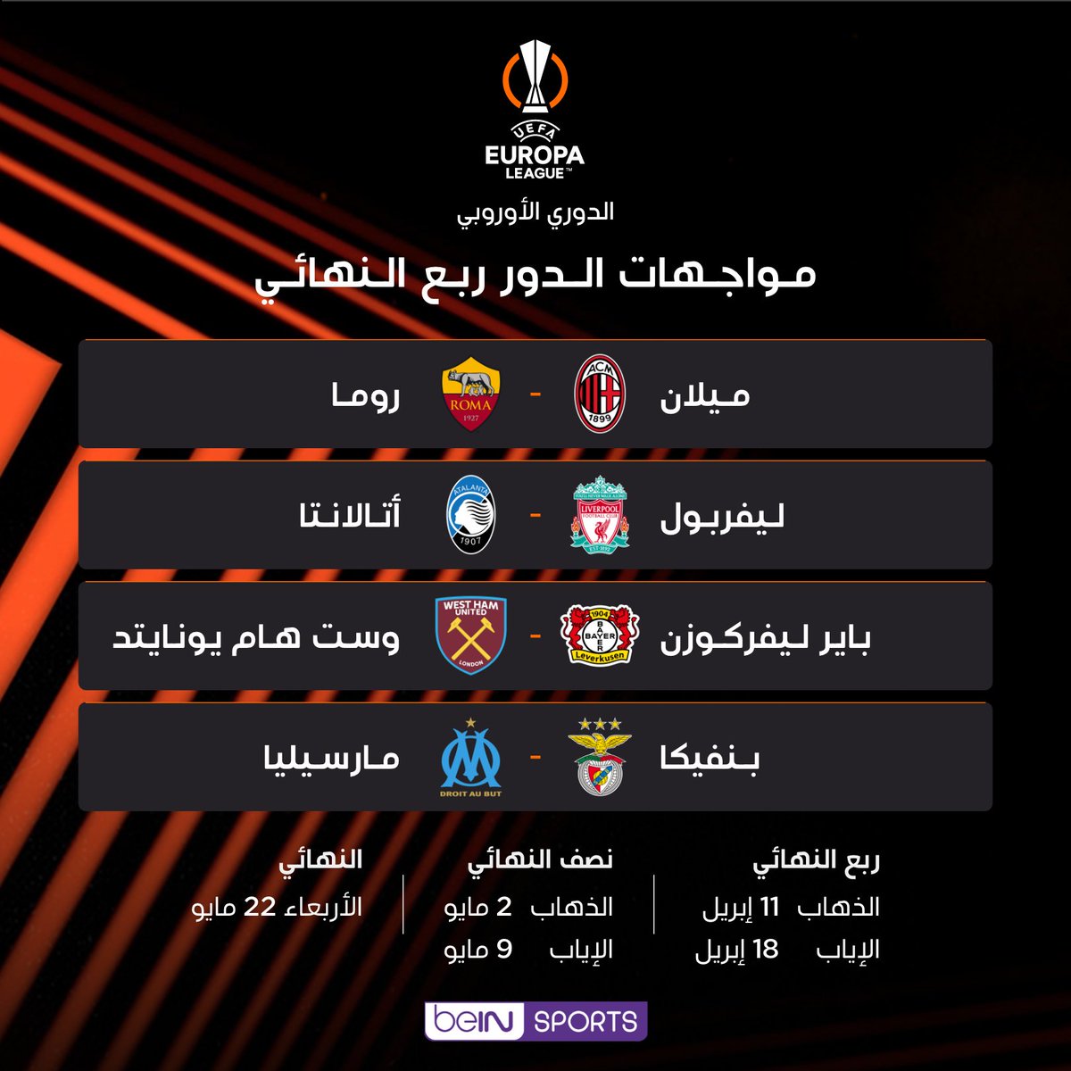 🚨 الدوري الأوروبي  - مواجهات ربع النهائي 

#الدوري_الأوروبي | #قرعة_الدوري_الأوروبي 
#UELDraw