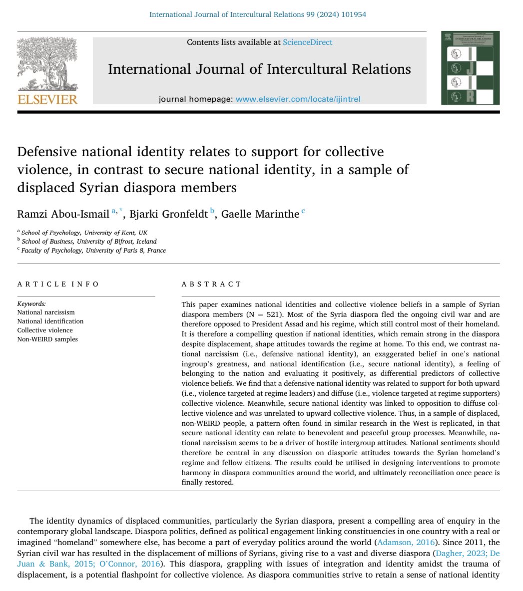 Our paper with <a href="/bjarkigron/">Bjarki Þór Grönfeldt</a> and <a href="/GaelleMarinthe/">Gaëlle Marinthe</a> examining the relationship between secure and defensive national identity and collective violence beliefs amongst a sample of the Syrian diaspora came out in the IJIR. Check it out!

sciencedirect.com/science/articl…