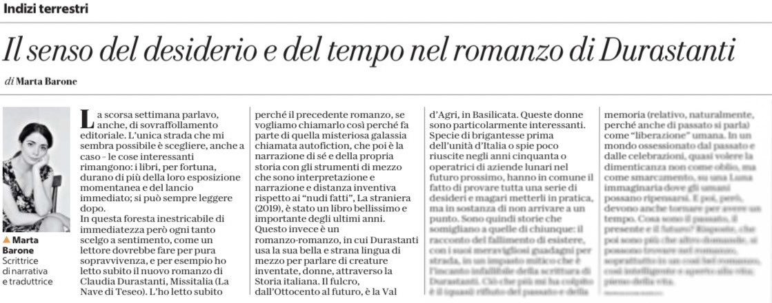 Cosa sono il passato, il presente e il futuro? Risposte, che poi sono più che altro domande, si possono trovare nel romanzo, soprattutto in un così bel romanzo, così intelligente e aperto alla vita; pieno della vita. @marta_barone_ legge “Missitalia” di @CDurastanti su