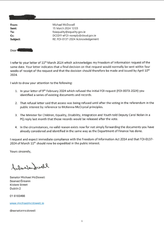 SenatorMcDowell's tweet image. My follow up request to Minister @rodericogorman's department this afternoon #FOI #Referendums2024