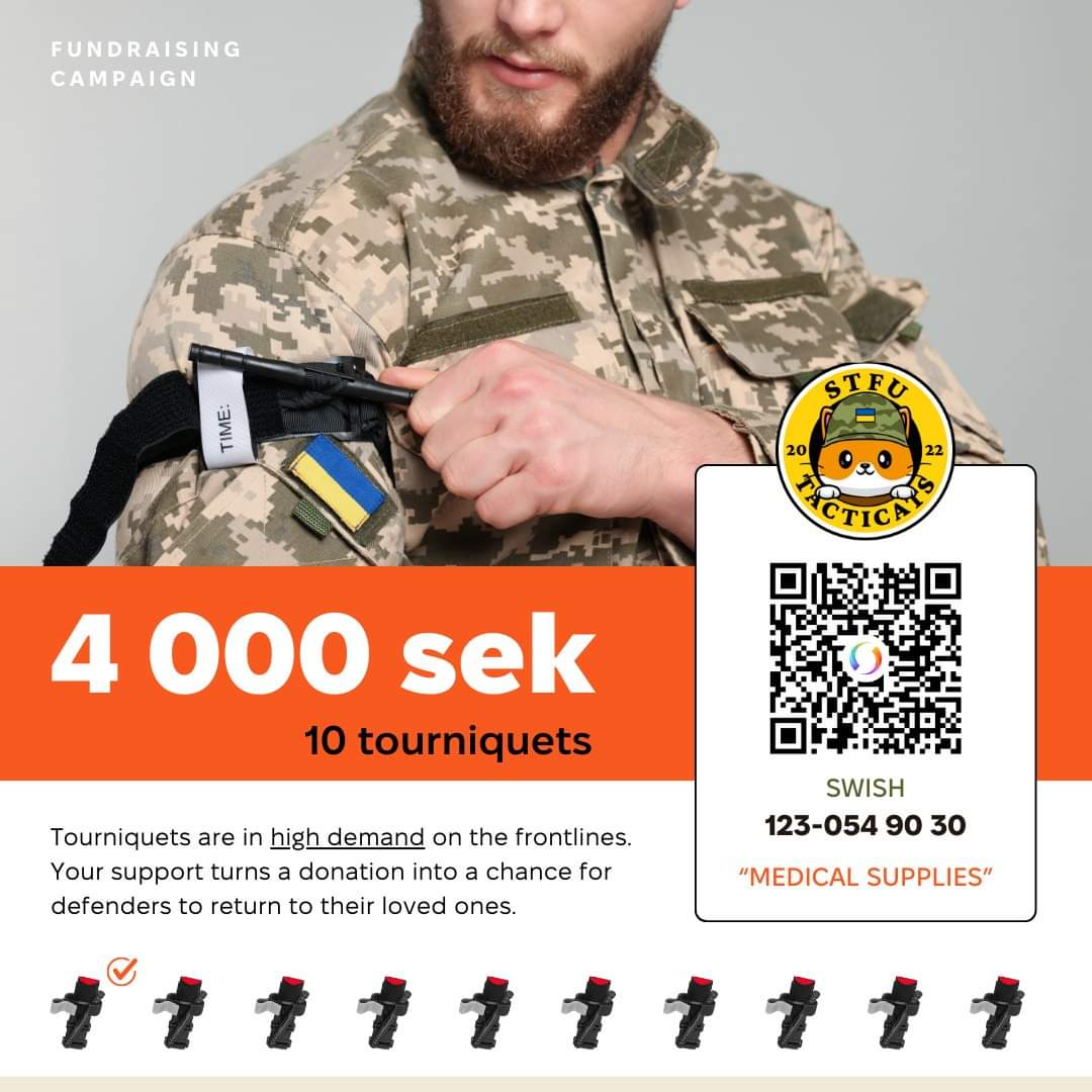 Help save a Ukrainian hero's life! We're raising 4000 SEK for 10 tourniquets. These stop severe bleeding on the battlefield.🩸 Your donation makes a difference. Swish: 1230549030. BankGiro- 425-9727 💙💛