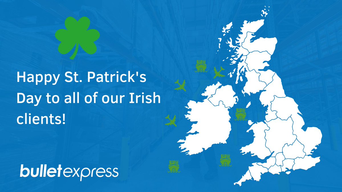 As we approach St. Patrick's Day we wanted to wish all of our Irish clients a lovely weekend of celebrations 🍀

Bullet Express are proud to have connected Irish supply chains for over 30 years.

#StPatricksDay #supplychains #customs #freight #scotland