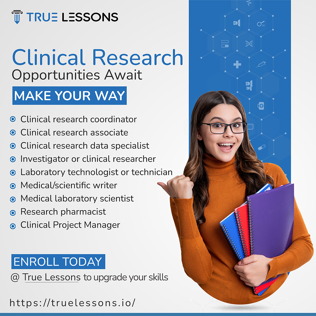 Discover diverse career pathways offering significant opportunities 

🌐 Website: truelessons.io

#ClinicalResearchCareers #HealthcareInnovation #OnlineEducation #CareerOpportunities #ResearchCoordinator #DataAnalysis #MedicalEducation #HealthTech #DigitalHealth