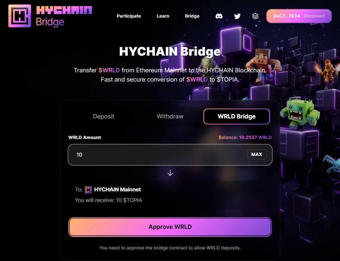 Adonis (@adonisonx) on Twitter photo Running a <a href="/HYCHAIN_GAMES/">HYCHAIN_GAMES</a> Node requires some $TOPIA token on HYCHAIN L2 to claim operating rewards!
Here´s a full guide on how to get 10 $TOPIA on HYCHAIN without paying any ETH transaction fees:
1⃣ Buy 10 $WRLD on Polygon network for a small amount of $MATIC.
I used Uniswap Running a <a href="/HYCHAIN_GAMES/">HYCHAIN_GAMES</a> Node requires some $TOPIA token on HYCHAIN L2 to claim operating rewards!
Here´s a full guide on how to get 10 $TOPIA on HYCHAIN without paying any ETH transaction fees:
1⃣ Buy 10 $WRLD on Polygon network for a small amount of $MATIC.
I used Uniswap
