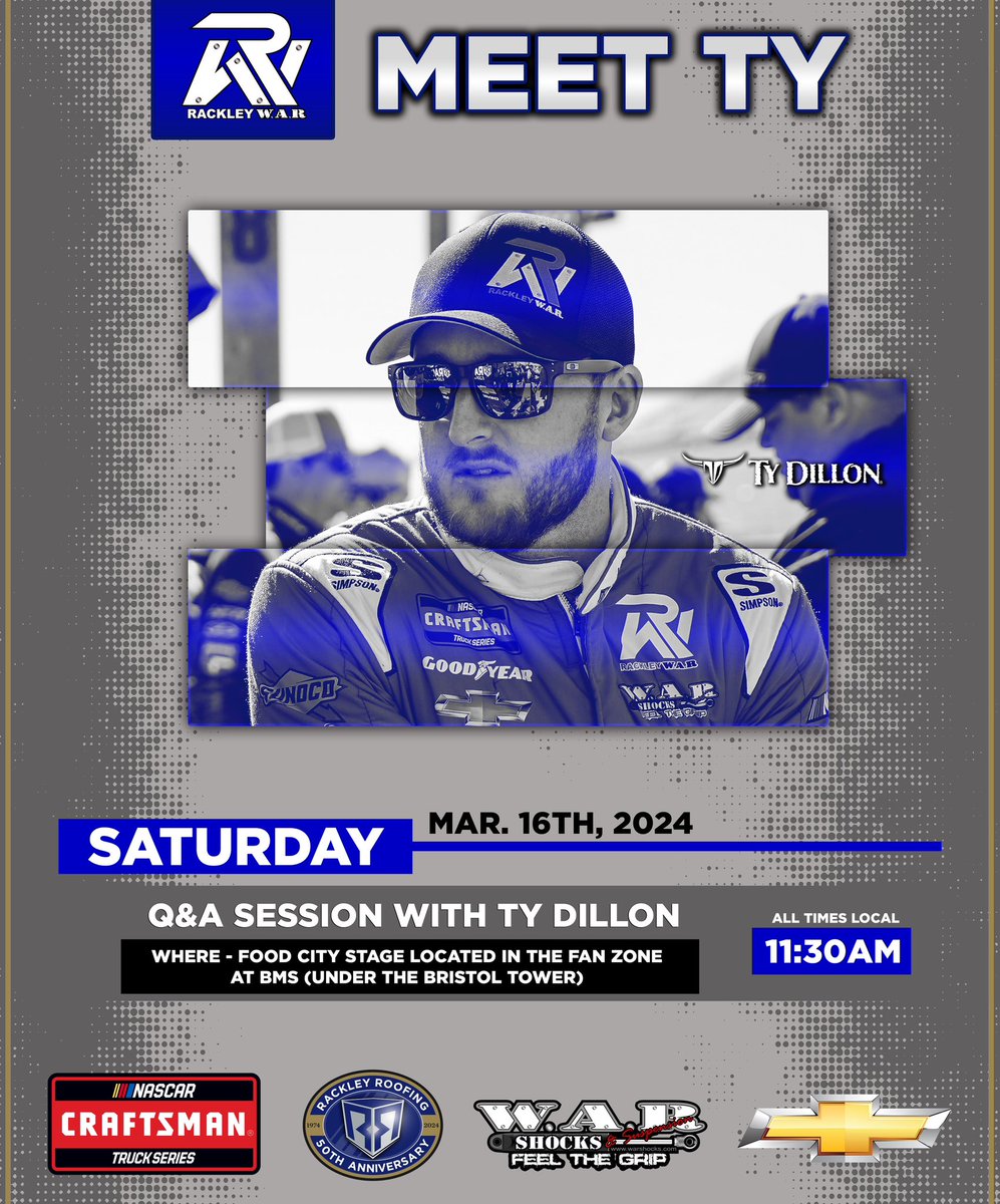 Coming up TOMORROW! @tydillon joins our friends at @FoodCity on their stage located in the Fan Zone at 11:30 a.m. ET! We hope to see you there! 🎤 📸 ✍️ @ItsBristolBaby | #RackleyWAR