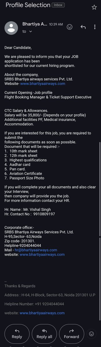 Dear @BhartiyaAirways
I have get a job related mail from the name of Bhartiya Airways.
But I'm not sure it's real or fake pls help me.
It's real or fake ??