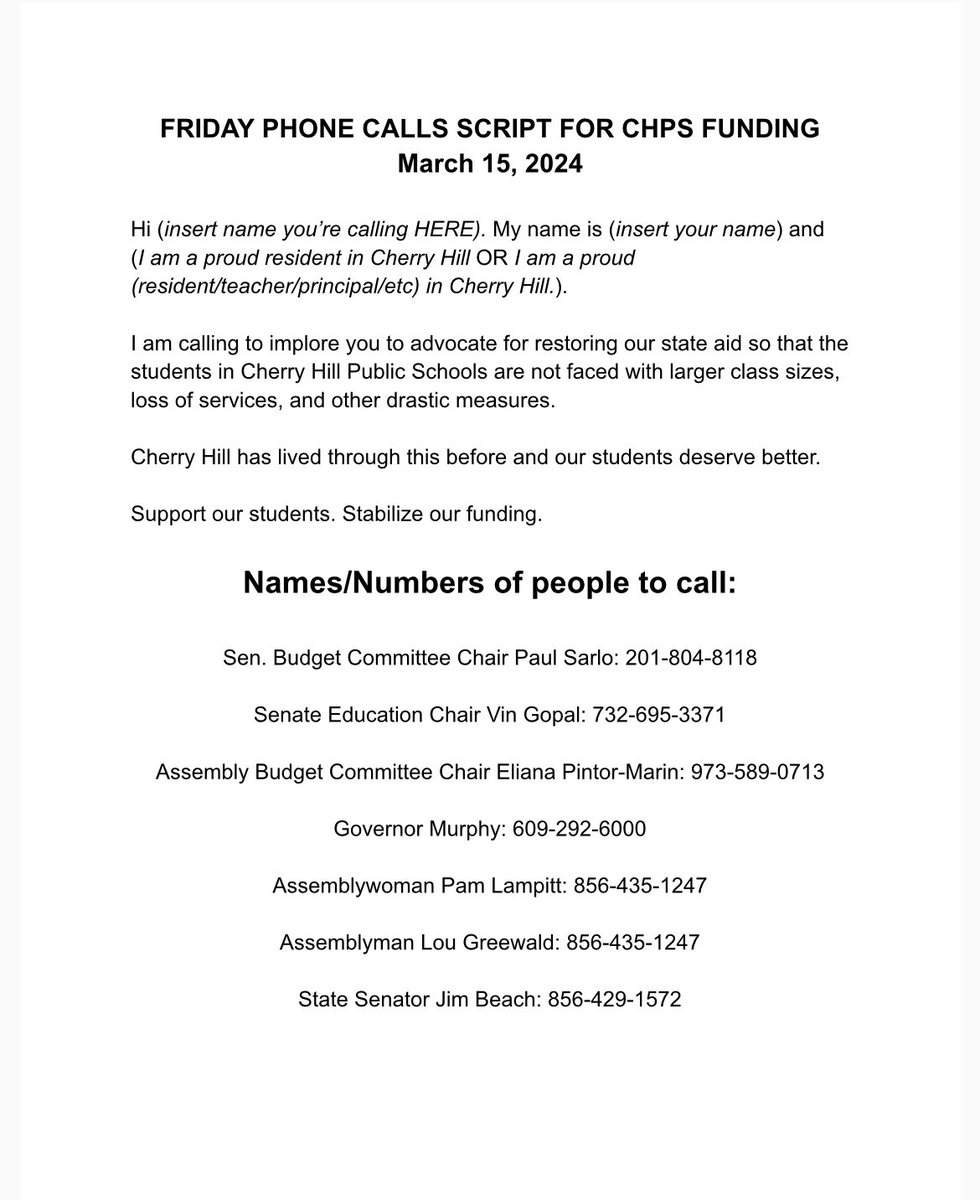 Do you a few minutes? Please call our legislators TODAY and ask them to restore state aid to CHPS! This will take just a few minutes of your day but will have a very big impact! Support Our Students. Stabilize Our Funding. WE are Cherry Hill. #SOS #StabilizeCHPS #WEareCHPS