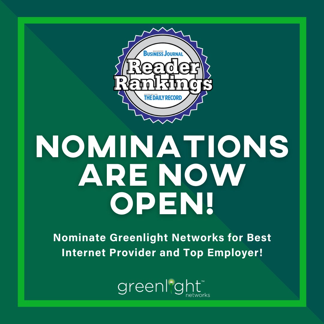 GreenlightFiber's tweet image. 🌟🏆 Nominations are NOW OPEN for the 2024 RBJ Reader Rankings! 🏆🌟 Show your support by nominating Greenlight Networks for Best Internet Provider!
hubs.ly/Q02pBcQZ0

#GreenlightNetworks #RBJReaderRankings #BestInternetProvider