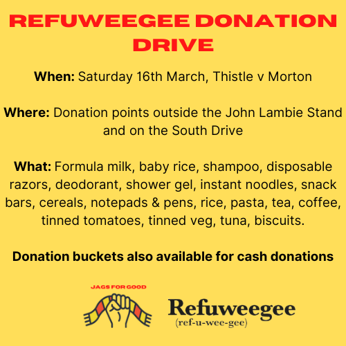 REMINDER: We are holding a donation drive for @Refuweegee before tomorrow's @PartickThistle v @Morton_FC match at Firhill. All donations will help them to support and welcome refugees in Glasgow. If you are able to donate anything at all tomorrow then we would be so grateful❤️💛