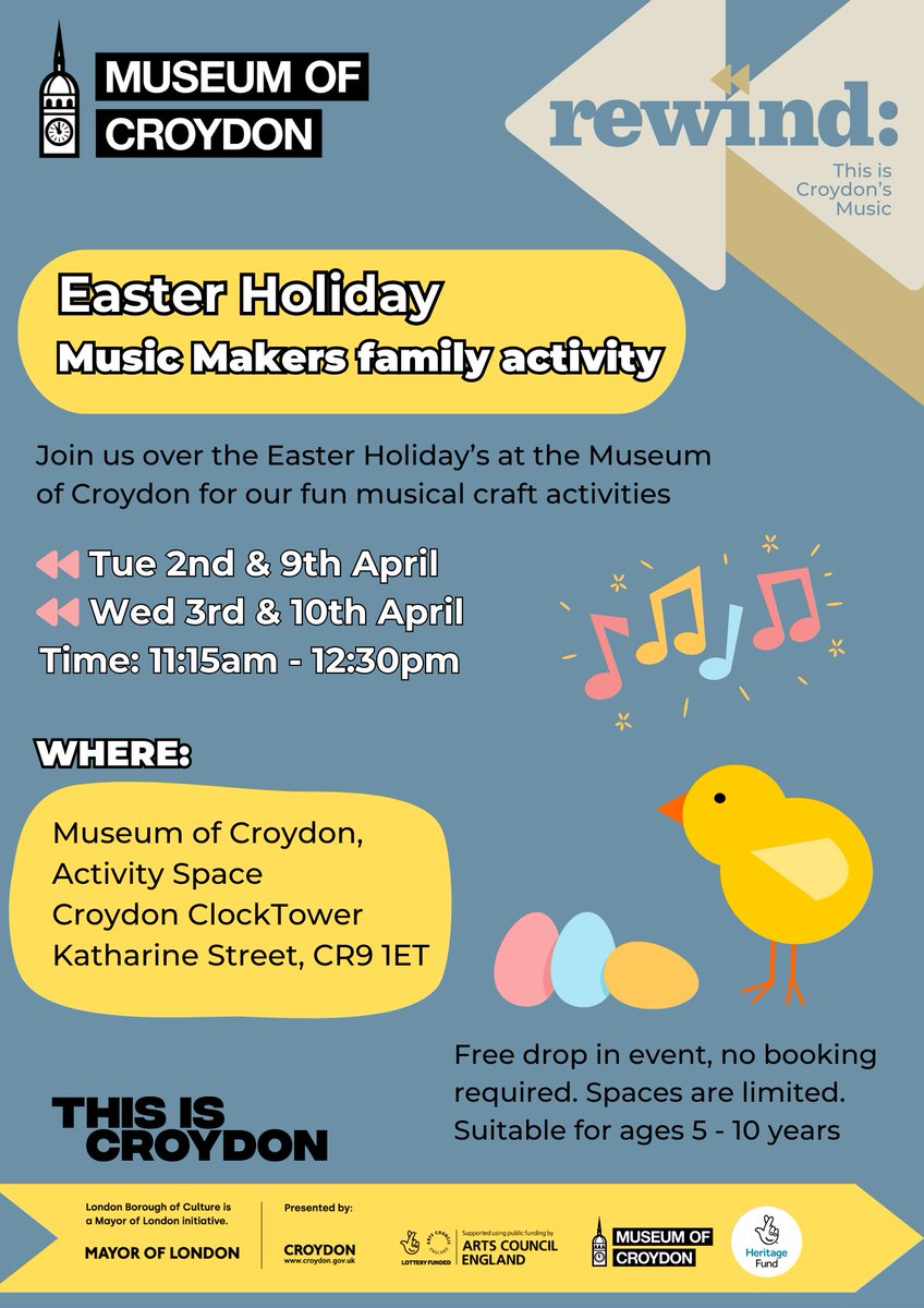 🎶 🐣Join us Tuesday & Wednesday over the Easter Holiday's for some fun musical craft activities. 

📅Tue 2 & 9 and Wed 3 & 10 April 
🕛11.15am – 12.30pm 
📍 Museum of Croydon, Activity Room 
Suitable for ages 5-10 years 
No booking  required.

#thisiscroydon #culturecroydon
