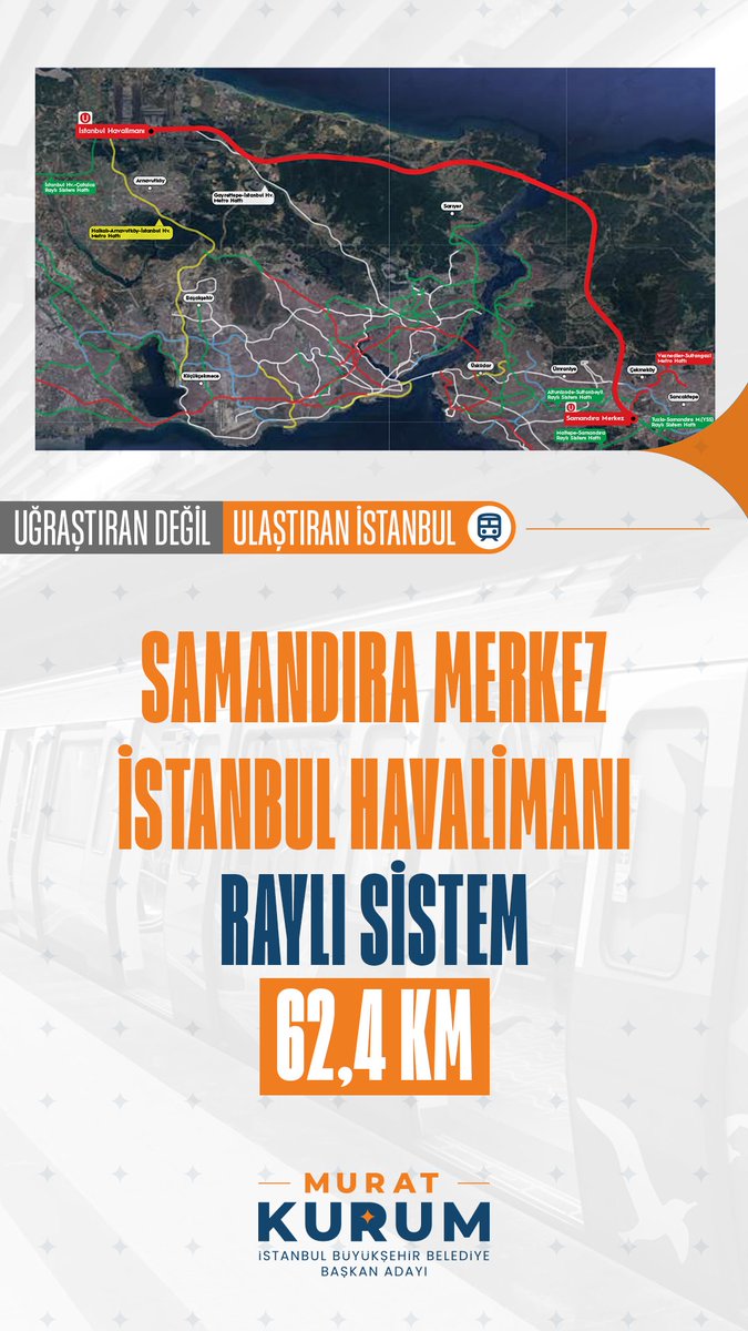 İstanbul'umuzun en uzun raylı sistemlerinden olacak İstanbul Havalimanı-Samandıra hattımızı önümüzdeki 5 yıl içerisinde şehrimize kazandıracağız. Anadolu yakasını Yavuz Sultan Selim Köprüsü üzerinden havalimanına bağlayacak olan hattımızın uzunluğu tam 62,4 kilometre olacak.
