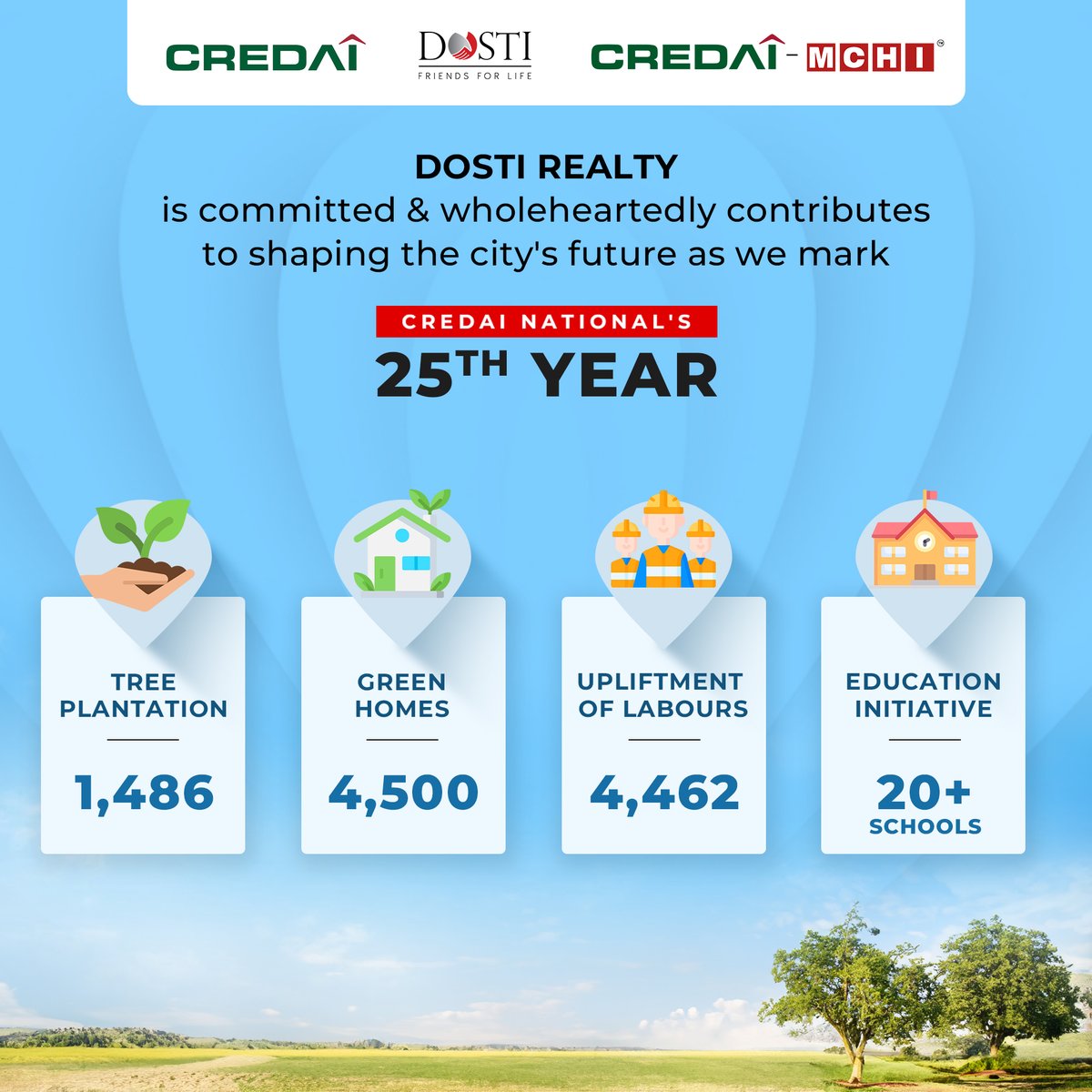 As we honor CREDAI National's 25th Year, Dosti Realty, an esteemed member of CREDAI-MCHI, is thrilled to extend the commitment to the community through impactful CSR activities. Together, we can make a real difference. Join us to make the world a better place.