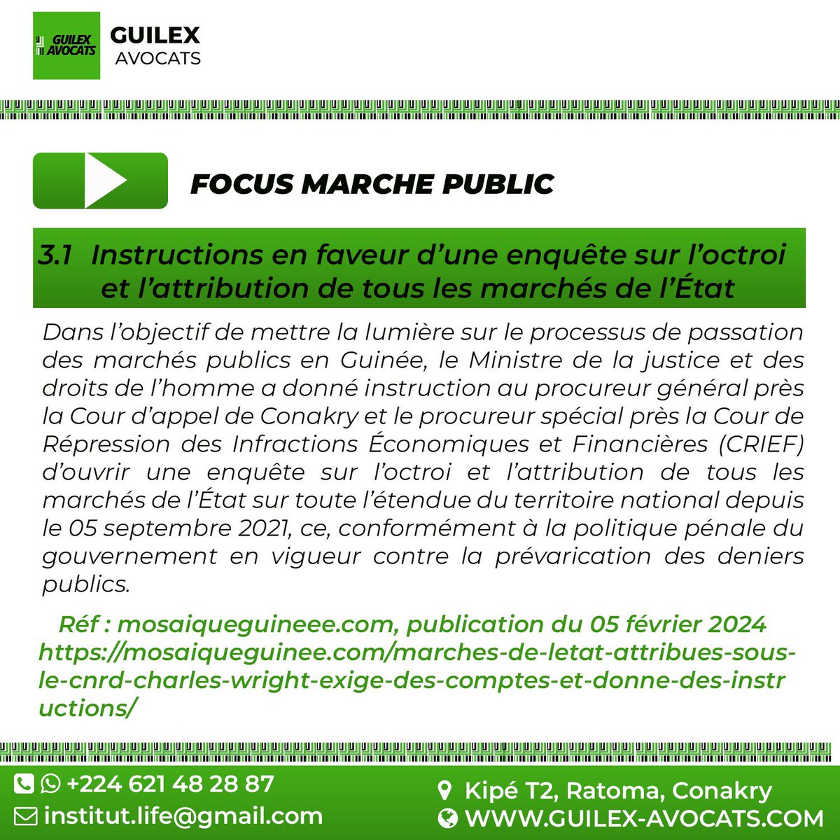[FOCUS MARCHE PUBLIC]: Instructions en faveur d'une enquête sur l'octroi et l'attribution de tous les marchés de l'État.

Plus de détails ⬇️