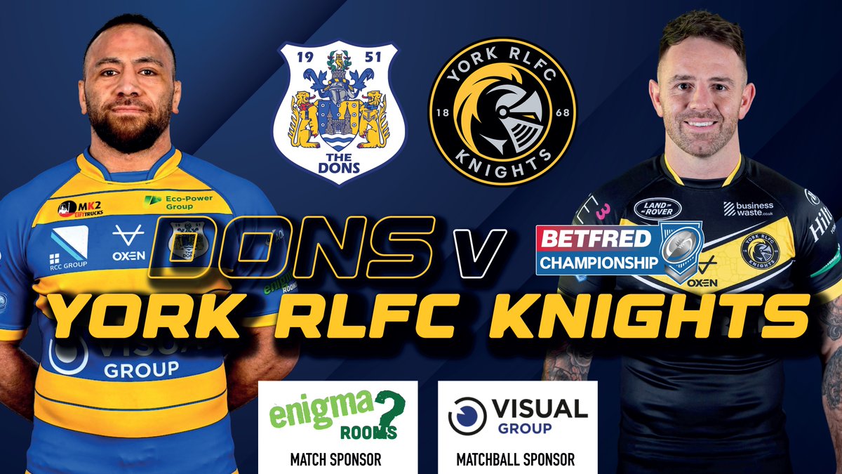 📝PREVIEW | Dons v York RLFC Knights The eagerly awaited Betfred Championship opener between Doncaster RLFC and York RLFC Knights at the Eco-Power Stadium is days away as the Dons make their return to the second tier of rugby league. 🔗 | doncasterrugbyleague.co.uk/article/1669/p… 🔵 #COYD 🟡