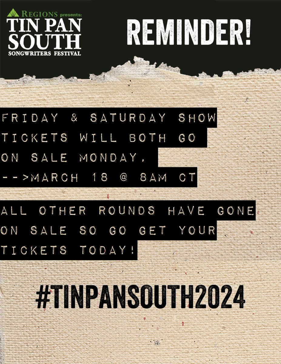 🚨 Reminder - Tickets for all Friday (4/5) and Saturday (4/6) Tin Pan shows will go on sale Monday morning (March 18) at 8:00am CT. All other shows are now available for purchase if there are still tickets remaining! What show are you most excited for?