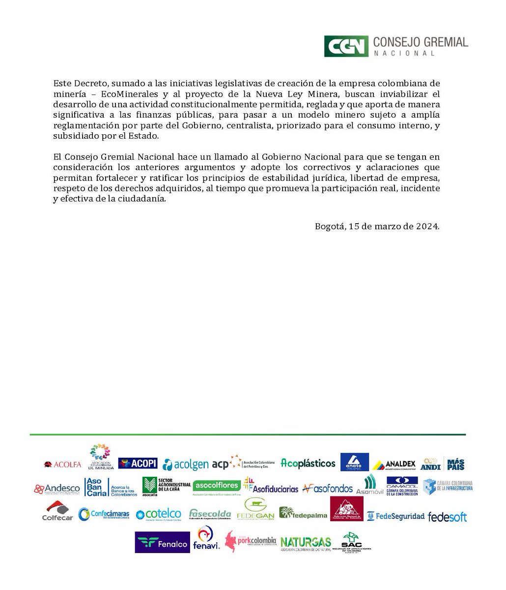 El @ConsejoGremial presenta sus inquietudes frente a la expedición del Decreto 044 de 2024 el cual genera incertidumbre para la actividad minera en Colombia y atenta contra su continuidad y desarrollo.