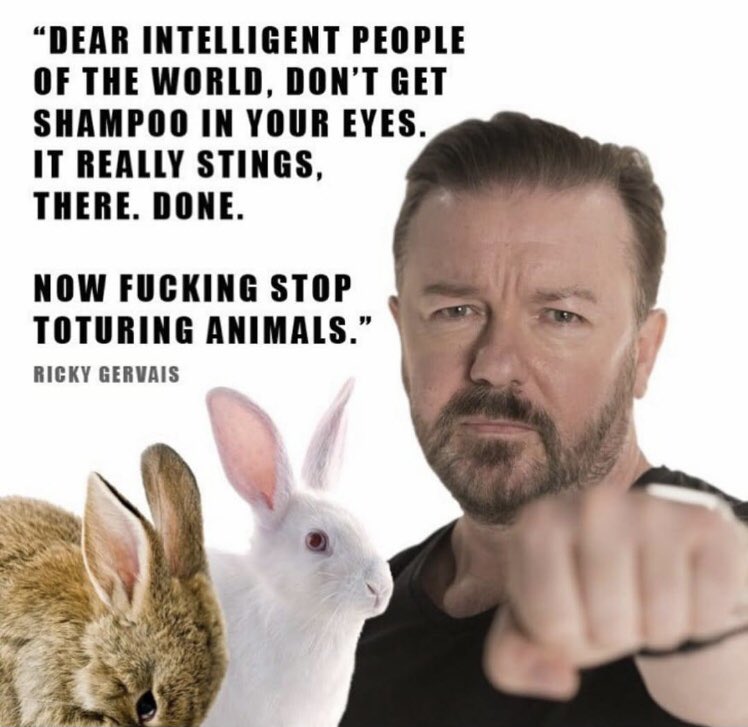 AMAZ1NG_NATURE's tweet photo. An IMPORTANT message from @RickyGervais.

"Dear intelligent people of the world, don't get shampoo in your eyes. It really stings. There. Done.  Now fucking stop torturing animals."

#EndAnimalTesting #EDM25