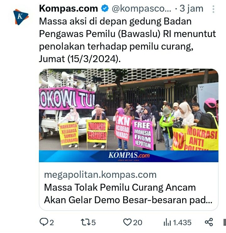 WargaBangsa's tweet photo. X Trends Jumat Berkah :
Cawe-cawe Jokowi di Pilpres 2024 Dipertanyakan dalam Sidang Komite HAM PBB
KPU akui jalin Kerjasama dengan Alibaba Cloud.
Sikap KPU tak buka Data lonjakan suara PSI di Madiun.
Masa Aksi di depan gedung BAWASLU RI, menuntut penolakan terhadap Pemilu Curang https://t.co/NX0ZUoccnj