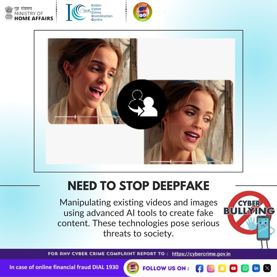 Cyberdost's tweet image. Unmasking the Unreal: Shedding light on the dangers of deepfakes. Let&apos;s raise awareness and stand against digital deception! #DeepfakeAwareness #RealityMatters #I4C #MHA #Cyberdost #Cybercrime #Cybersecurity #Stayalert