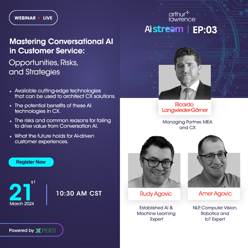 arthurlawrence_'s tweet photo. Join Rudy and Amer Agovic in the 3rd Episode of AI Stream – The Webinar Series “Mastering Conversational AI in Customer Service: Opportunities, Risks, and Strategies” to gain valuable insights.
Date: Mar 21, 2024 | Time: 10:30 AM CST
Register Now! https://t.co/Qz3UIOgQMj
#Xperti https://t.co/8RVlH6Bqrb