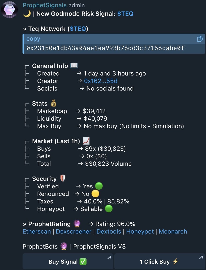 The Trading Algorithm at <a href="/ProphetBots/">ProphetBots</a> ⚠️ 

$TEQ was signalled at $39.4k MC  

$TEQ just hit $8.5m MC  

A 215.7x on a 0.05ETH entry...  

Returning a MAX 10.8ETH // $40k USD profit.