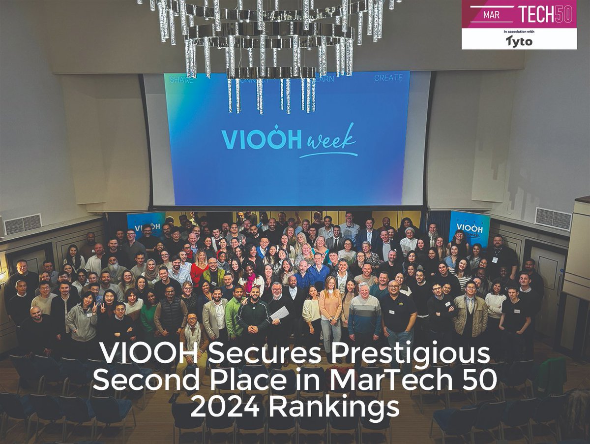 .@VIOOH secured second place in the MarTech 50 2024 rankings, up from fourteenth in 2023, for its innovation in digital out-of-home (#DOOH) advertising. Recognized by @BCloudUK, this achievement highlights VIOOH's leadership in the UK's marketing technology sector, driven by the…