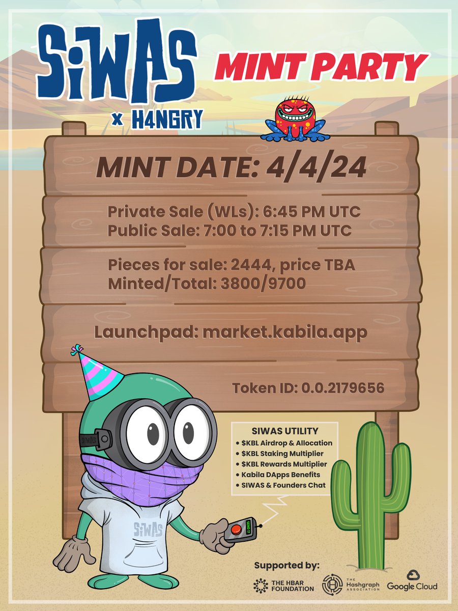 KabilaES's tweet photo. SIWAS x H4NGRY MINT - 4/4/24 🥳

¡SIWAS, Boons y Fregs han decidido organizar una fiesta en el Oasis para celebrar con toda la Comunidad NFT de Hedera! 🏝️

Esta colaboración única reúne lo mejor de los mundos del arte y la tecnología

Combinando el talento de @h444ngry, el artista NFT más influyente en @hedera, con las utilidades del ecosistema de Kábila para creadores.

Descubre todos los detalles del mint en el One Pager

Y para dar inicio a la fiesta, ¿Qué te parece si sorteamos 10 WL?

Para participar:

✅ Sigue a @KabilaES y @h444ngry
✅ Dale Me gusta y RT a este post.
✅ Etiqueta a un amigo para invitarlo a la fiesta del mint.

Los ganadores se anunciarán el lunes 18 de marzo.

¡Buena suerte! 🚀
