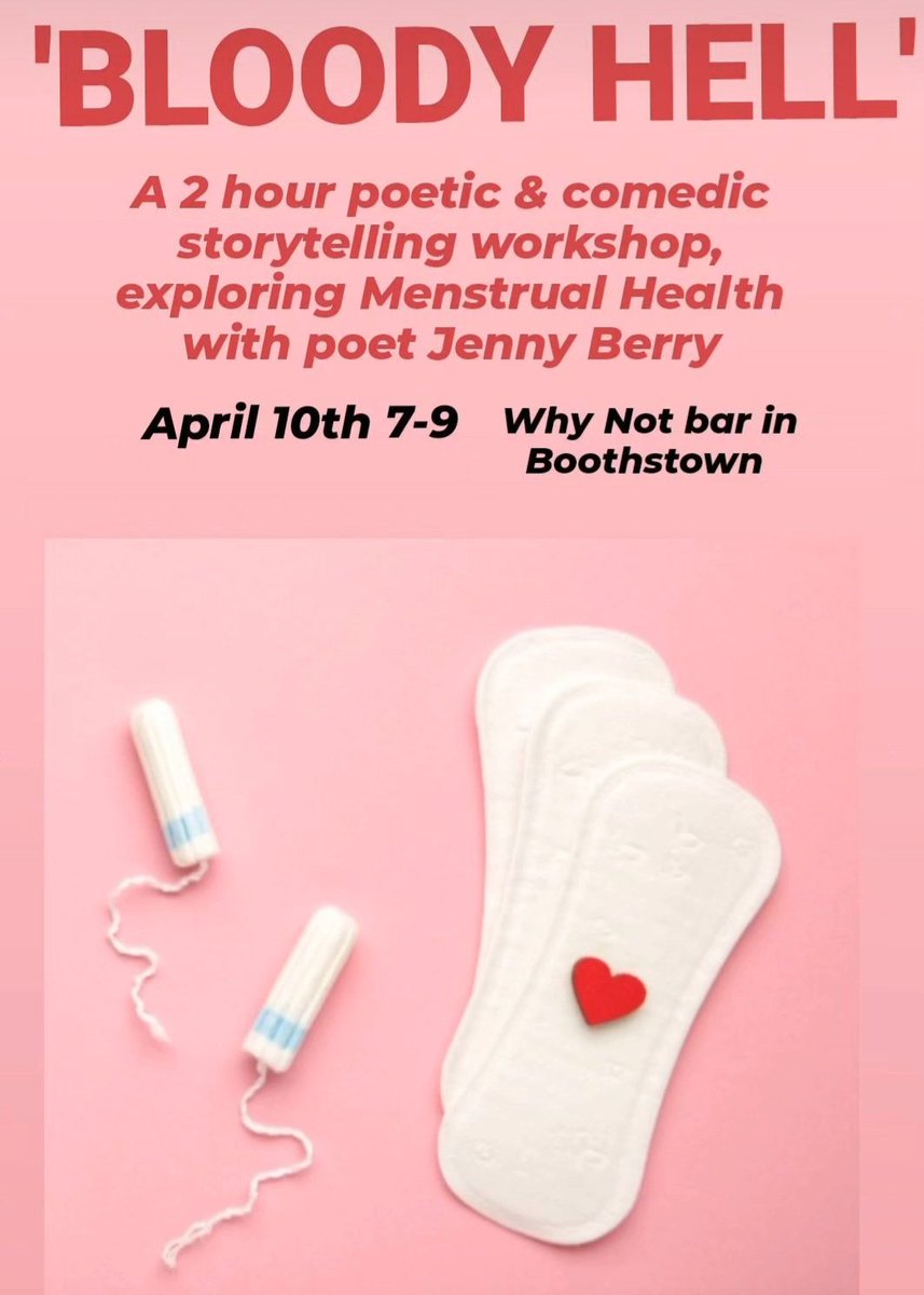 I'm running a comedic storytelling workshop with a theme on PERIODS & HORMONES. Why? It's bloody needed! £12 before 1st April. Why Not Cafe Bar in Boothstown. Please share! @PMMD_Research @EndometriosisUK @DrKrysWilkinson @BBCWomansHour @UKWomensHealth @SalfordNow #bloodyhell