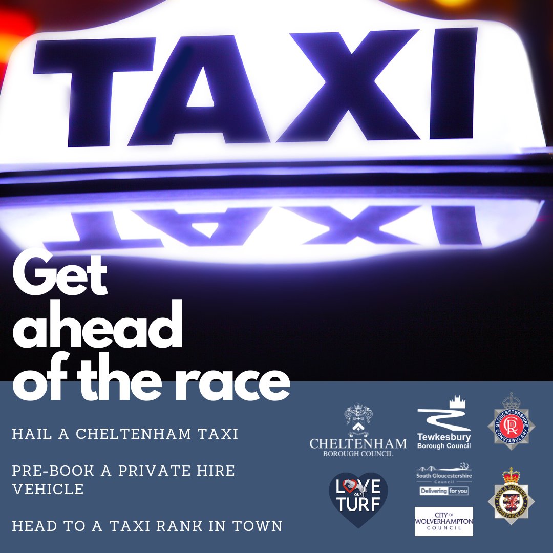 Racegoers are reminded to get home safely this race week by pre-booking private hire vehicles and only using official taxi ranks 🏇🚖 Read more in our news story ⬇️ cheltenham.gov.uk/news/article/2…