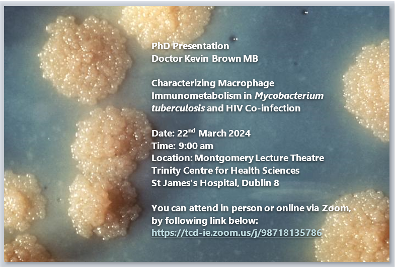 We are pleased to invite you to attend a PhD presentation by Dr Kevin Brown MD. You are welcome to attend in person or online by accessing Zoom link: tcd-ie.zoom.us/j/98718135786. More details below: