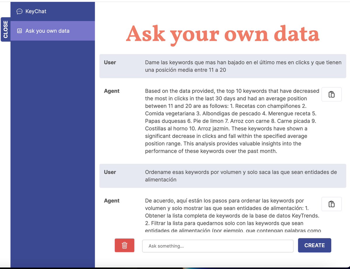 Os presento nuestro último juguete de <a href="/keytrends_ai/">Keytrends.ai</a> KeyChat permite hablar con tus datos de SC y próximamente con todos tus datos. Pregunta a KeyChat una consulta en lenguaje natural como "dame las keywords que mas han bajado y que estén en 2ª página" Y te lo devuelve ordenado🚀