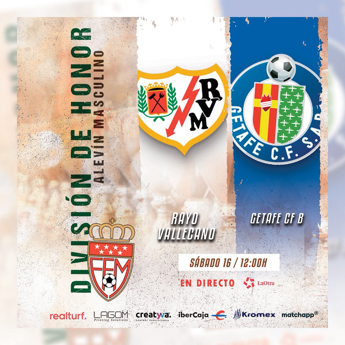 📺 <a href="/laOtraTM/">laOtra</a> 

🔜 Mañana desde las 12:00 horas y desde la ciudad deportiva del Rayo Vallecano no te pierdas el partido de la división de honor alevín 

🆚 <a href="/RayoVallecano/">Rayo Vallecano</a> y <a href="/GetafeCF/">Getafe C.F.</a> 

🎙️Narra <a href="/VictorGuillenPe/">Victor Guillen Perez</a> comenta <a href="/pacodelsaz87/">Paco Del Saz</a>