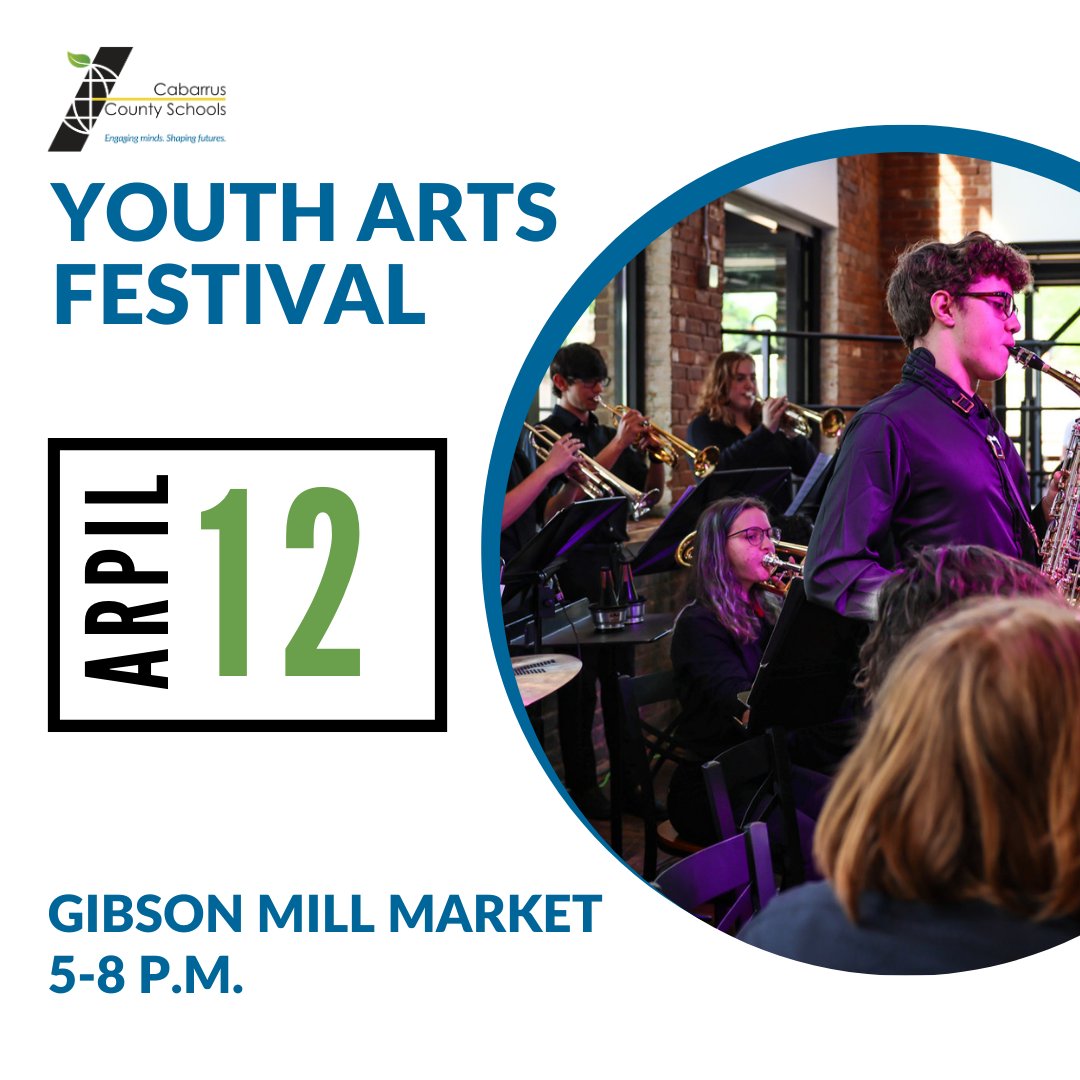 🎨🎭 Exciting News! 🎭🎨
The Cabarrus County Schools Youth Arts Festival is scheduled for April 12th at the Gibson Mill Market! 🎉
Get ready to be amazed as we showcase the incredible visual and performing arts education talents from our district. 

#CabCoFineArts #YouthArtsMonth