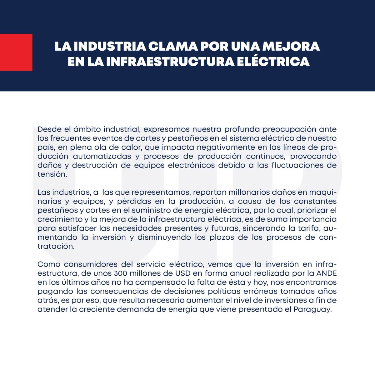 UIP_py's tweet photo. #PronunciamientoInstitucional
 
 ⚠️ LA INDUSTRIA CLAMA POR UNA MEJORA EN LA INFRAESTRUCTURA ELÉCTRICA ⚠️
 
 #UIP #Paraguay #Economía #Industrias https://t.co/uHrJBS2qQ6