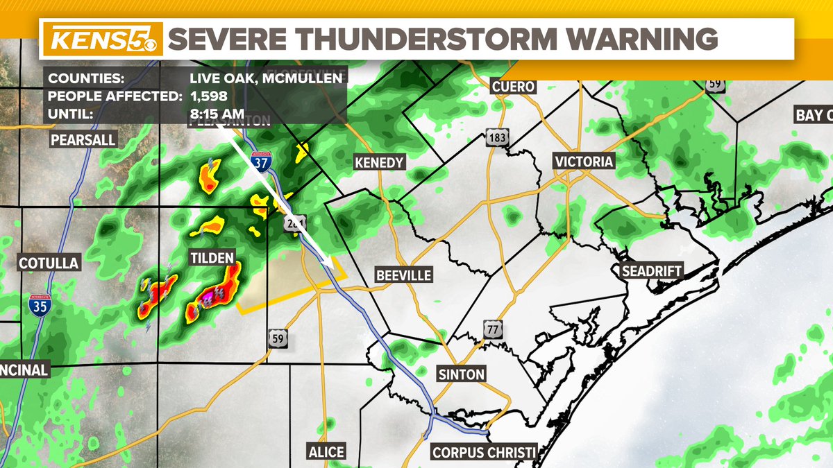 A Severe Thunderstorm Warning is in effect through 8:15 AM for Live Oak and McMullen Counties. We're closely monitoring these storms all day on @kens5