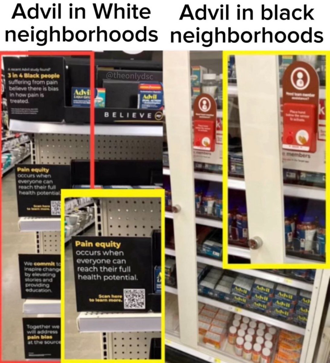 The perfect representation of corporate Diversity, Equity and Inclusion:
Advil in white area - not locked up but with lots of diversity messages so whitey knows Advil REALLY care about black people;
Advil in black area - locked behind screen.