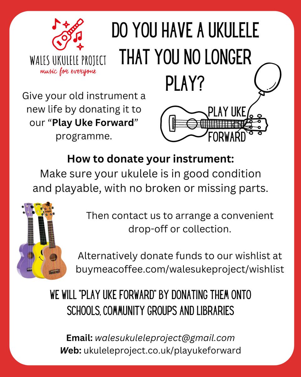 We are looking out for any unused or unwanted ukuleles. If you do have 1 or 2 hanging around that are no longer wanted then why not donate to us and give them a new home. All donations are donated to schools, community groups and libraries. #unwantedukuleles #ukulelesinlibraries